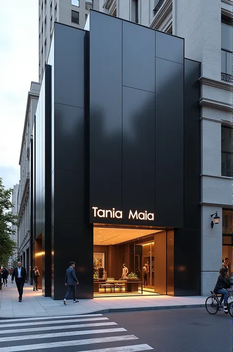 Realistic image of a designer store with an ACM facade and the name Tania Maia 