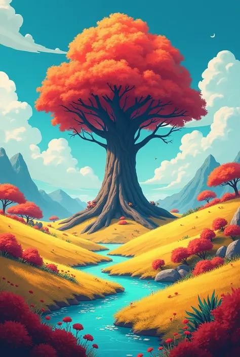 Landscape in yellow colors, blue and red with a large tree in the center of the image . animation, anime