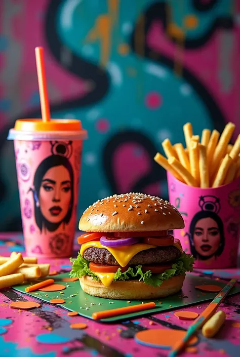 Generates an image of a hamburger menu containing the hamburger, papas, the packaging of the hamburger, A drink, the packaging of the drink and everything is inspired by the aesthetics of BAD BUNNY. I want it to contain plastic textures, graffiti and that ...