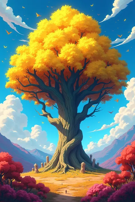 Landscape in yellow colors, blue and red with a large araguaney tree in the center of the image . animation, anime drawing