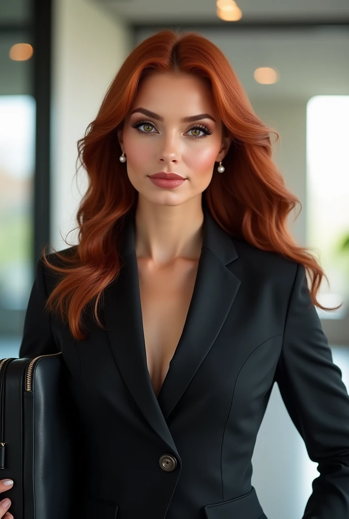 "Gerar uma imagem de uma mulher na faixa dos 30 anos, with smooth and harmonious facial features. Shes been a long time, flowing red hair, caindo em ondas perfeitamente definidas. His gaze is piercing, com olhos castanhos profundos e longos, Dense lashes t...