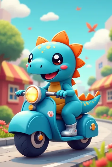 Cute kawaii blue dinosaur riding a blue motorcycle 