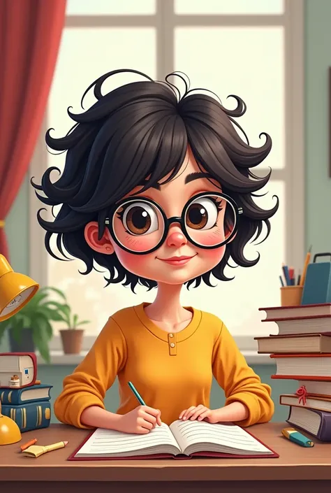 Create a girl caricature art text logo of name khushi caricature in name. She  is a student. Her short hair open in the air. Her hair length is upto neck .She is studying in her room , lamp , penholder, clock, books etcon her desk, wearing googles.  Text l...