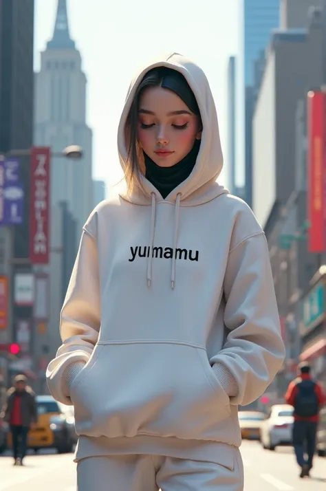 Imagine me muslim girl who is in white hoodie and pants. There is name of Brend “YUMAMU” in the center of hoodie. Model is in the center of new york 