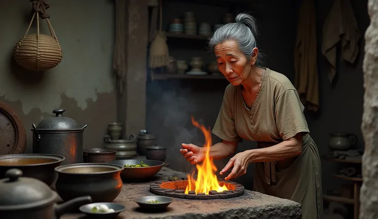 (Photorealism:1.2), seorang wanita tua, cooking in front of a traditional Indonesian fire stove