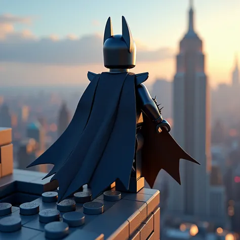 hero, Batman stands on the high rooftop and looks down, LEGO art style, fantasy art style, Miniature Photography, Isometric Photography, emphasizing details, revealing beauty in small things, professional lighting, precise focusing, artistic expression, im...