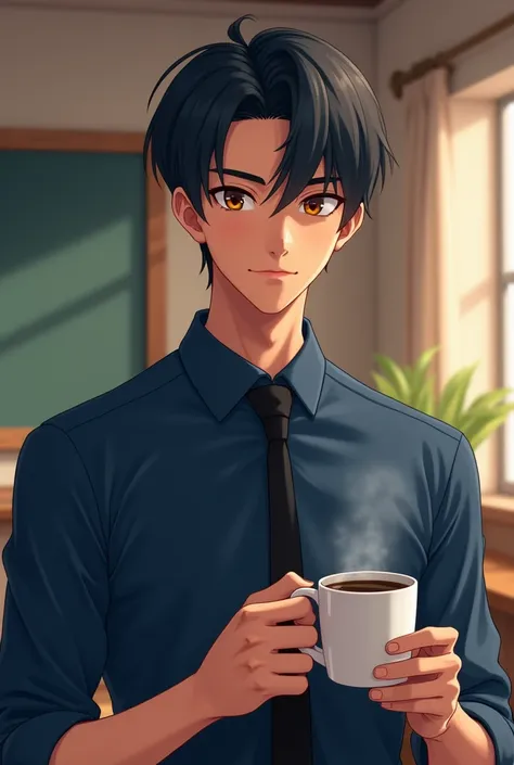 Gender and age: male, 2
Physical traits: asian, black blue hair, middle part hairstyle, hazel eyes, 175 cm tall, attractive eyes and eyebrows
species: human
occupation: teacher
Clothing or accessories: dark blue shirt with black tie, hes holding a cup of c...