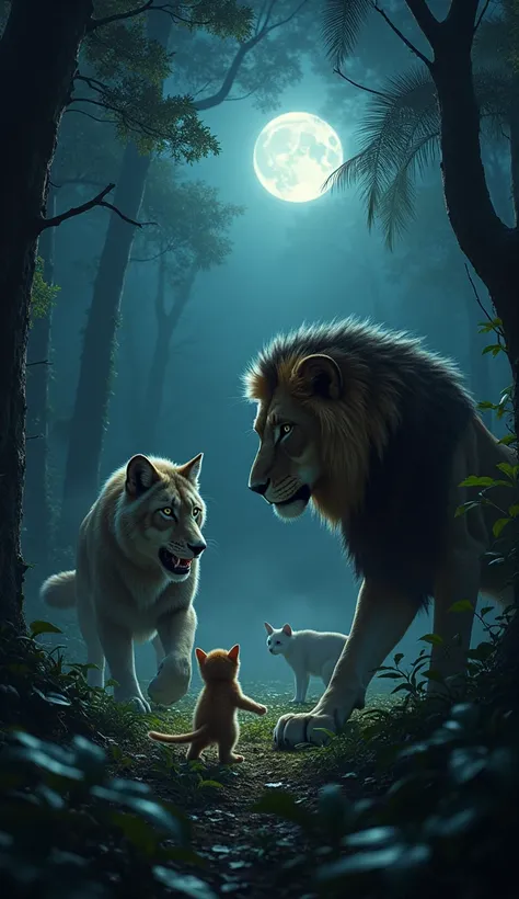 At night a poor kitten lost in a jungle a greedy wolf trying to eat him suddenly his mother came and fought with the wolf a lion came and save the kitten from wolf the wolf go away