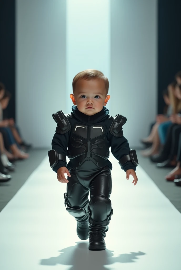 an adorable real baby, , face of actor Jean Caude Van Damme, the baby wearing the same clothes from the movie Cyborg the clothes in the same color he wore in the movie the baby walking on the catwalk ultra realistic moving camera 4k