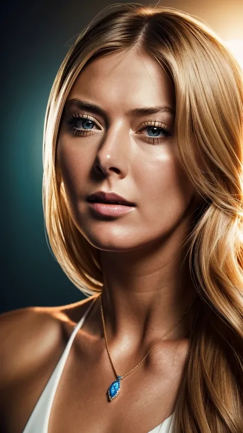 maria sharapova, exquisite detailed facial features, high cheekbones, full lips, long lashes, glamorous hairstyle, flawless skin, elegant pose, dramatic lighting, cinematic camera angle, high fashion editorial, editorial style, vibrant colors, glossy, mast...