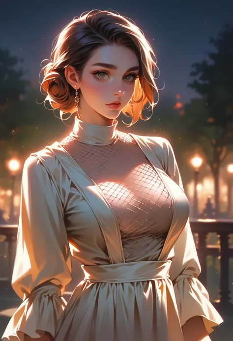 A beautiful student teen with large breasts, mesh clothes, night, gentle expression, cinematic lighting, dramatic colors, physicaly based rendering , Ultra detailed textures, perfect Anatomy, Ultra detailed face, ultra detailed body, realistic, intricate d...