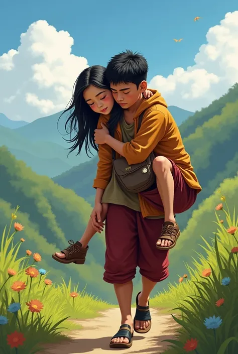 Bhutanese girl injury her leg and boy carrying her on is back. They are couple 
Both of them are Age 23 