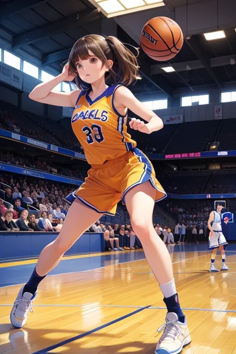 ((Best Quality)), ((masterpiece)), ((Very detailed)), (Very delicate and beautiful),1 Girl、basketball、Only one ball is shown、basketballのユニフォーム、Orange uniform、Basketball shoes、socks、(((Dunk Shot)))、In the gym、Accurate basketball position