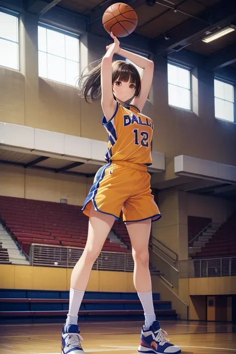 ((Best Quality)), ((masterpiece)), ((Very detailed)), (Very delicate and beautiful),1 Girl、basketball、Only one ball is shown、basketballのユニフォーム、Orange uniform、Basketball shoes、socks、(((Dunk Shot)))、In the gym、Accurate basketball position