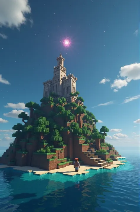 Generate a Minecraft man whose building a beautiful island and some small Star appear in the sky