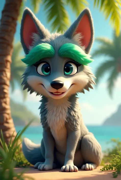 A funny face grey wolf with green bangs and blue eyes on the background next to a coconut tree 