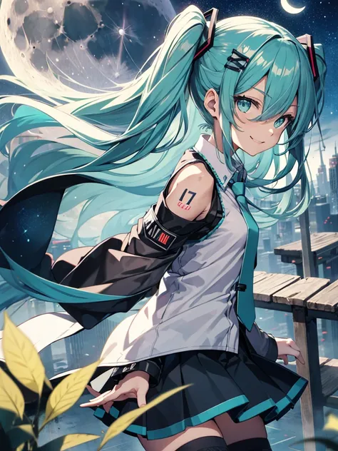 score_9,score_8_up,score_7_up,score_6_up BREAK official art,solo,outdoors,smile,looking at viewer,facing viewer,hatsune miku,absurdly long hair,aqua hair,twintails,hair ornament,sidelocks,hair between eyes,parted bangs,aqua eyes,white shirt,collared shirt,...