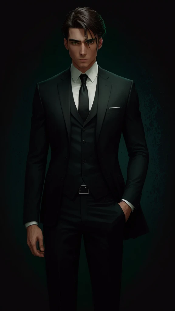 Man in black suit and green eyes