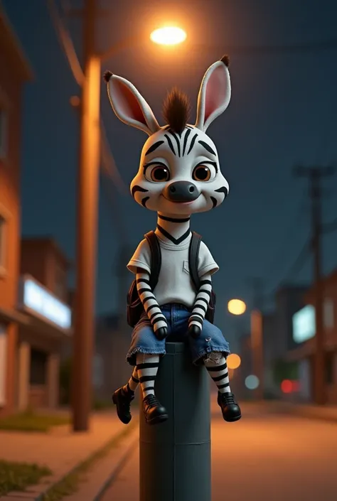 A cute baby zebra wearing a white torn t shirt with blue jeans and his head is big and body is small and he is wearing a bag on his back at night and he is injured and sad and he is sitting on lamp post on road side 3D pixar