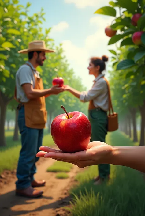 Plant a seed and buy a product ( like an apple) simulating that it comes out of the plantation that you made that someone is delivering the apple from a tree a realistic image of a seller and a customer receiving the apple 