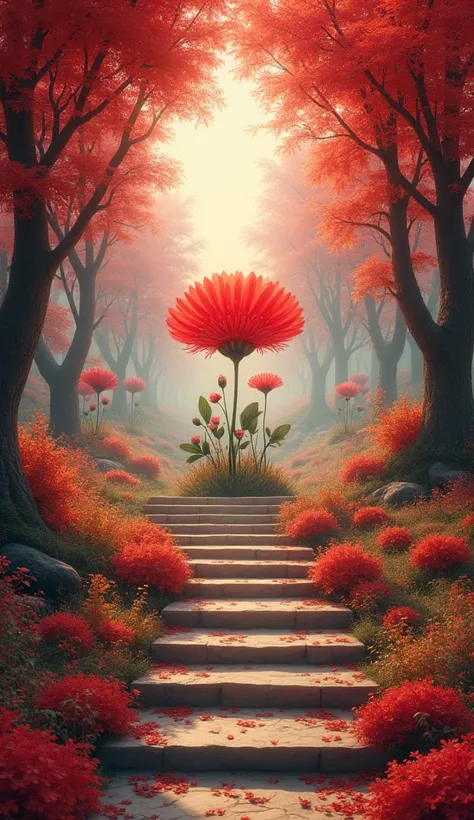 steps leading to an autumn setting with a red, in the style of botanical abundance, Mode KEI, flowering core, silbador, romantic emotionality, Naturalezacore, carpetpunk