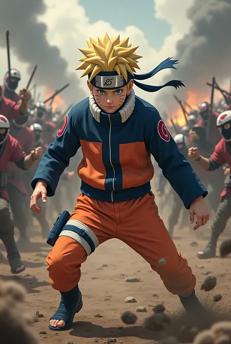 Tom hollad as naruto character with mangekyo sharingan fought with thousand enemy. Taking realistic image