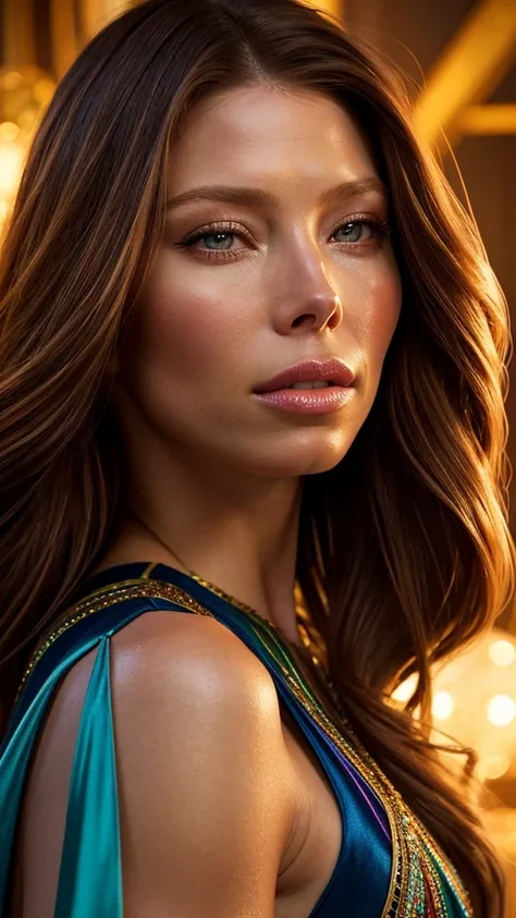 jessica biel, exquisite detailed facial features, high cheekbones, full lips, long lashes, glamorous hairstyle, flawless skin, elegant pose, dramatic lighting, cinematic camera angle, high fashion editorial, editorial style, vibrant colors, glossy, masterp...