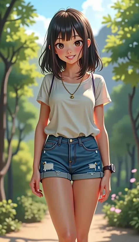 1 girl, round face, shoulder length straight hair, big breasts, thick legs, small waist, blue denim shorts, socks 