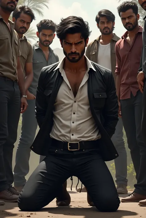 Side view of  a handsome  rowdy looking Young Sri lankan men  wearing long sleev slim fit white shirt with top three buttons unbuttoned black trousers leather jacket and square buckle black belt kneeling with his hands placed behind his back and tied up be...