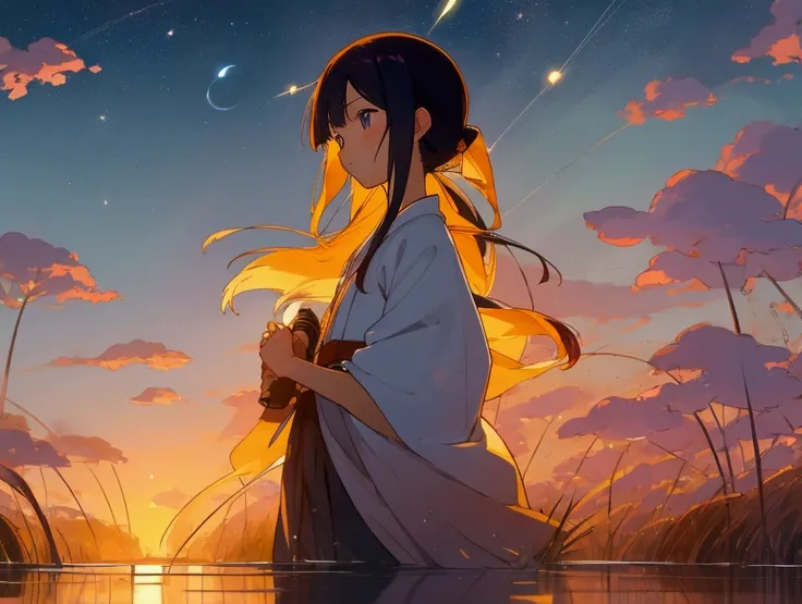 Viral anime nature wallpaper in 4K quality, in the style of photography with a 35mm lens inspired by Isao Takahata, capturing a serene rice field at dusk, the sky a soft gradient of orange and purple, and fireflies dancing above the water; warm and nostalg...