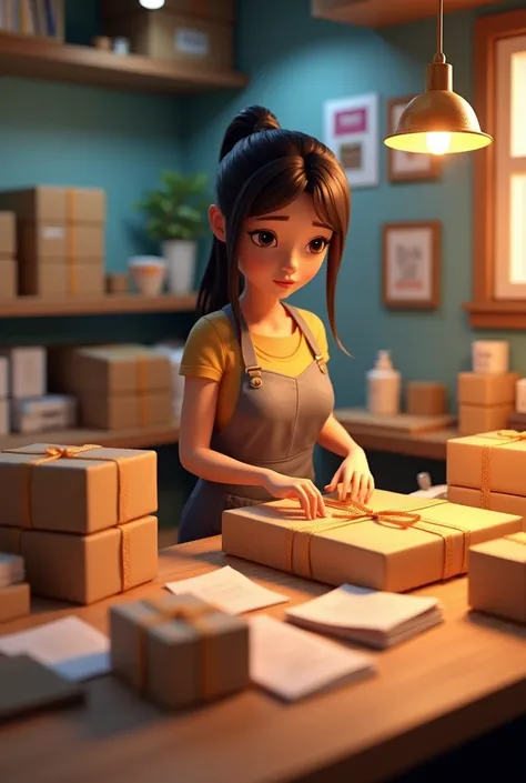 3D Modeling Rina is carefully wrapping orders in her small space., surrounded by packaging boxes and merchandise, with an expression of full attention and dedication.