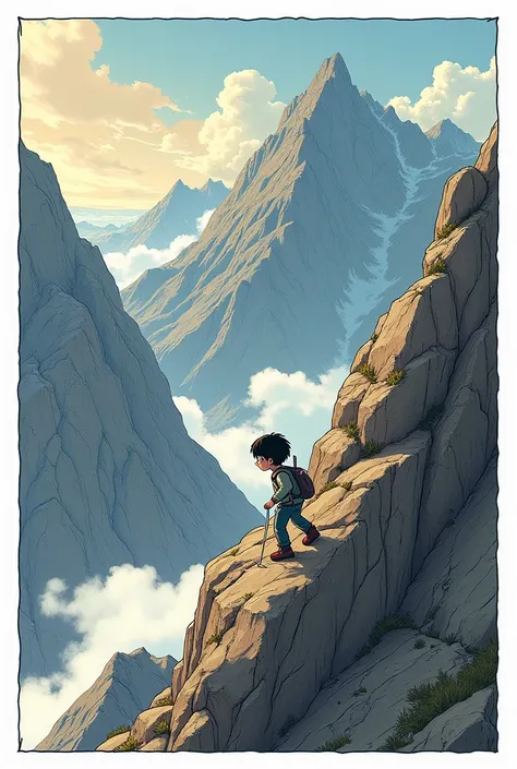 Here’s the detailed manga-style page layout for Mohamed climbing the mountain, with a focus on his small size and black hair:

Page 9

Panel 1: Mohamed Climbing the Mountain

Size: Full-width panel at the top of the page.
Description: Mohamed, an  boy with...