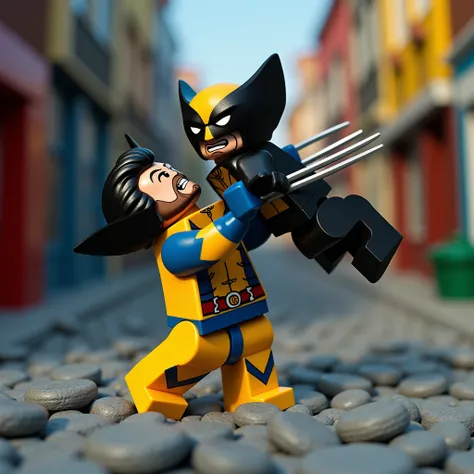 hero, angry Wolverine inserted its claws into the black clothed mans body and lifted him up into the air, LEGO art style, fantasy art style, Miniature Photography, Isometric Photography, emphasizing details, revealing beauty in small things, professional l...