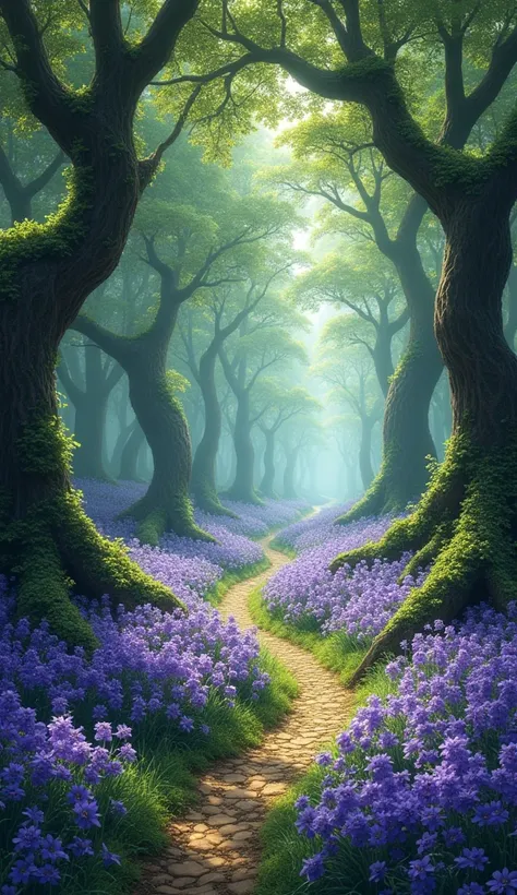 A path in a garden with purple flowers and trees., enchanted magical fantasy forest, magical fantasy forest, Magic Forest de hadas, enchanted and Magic Forest, Magic Forest, Magic Forest backround, Magic Forest in the background, fantasy forest, Magic Fore...