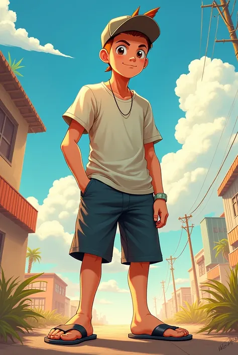 Make an anime character with a short-sleeved shirt and flip-flops. He must have round eyes, black hair with a mohawk cut and must wear a cap on his head. He is a big teenager and is a fighter but is thin.