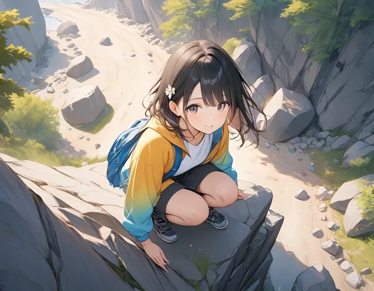 material, thick paint,(Amazingly absurd)),(masterpiece:1.2),超High resolution, Attention to detail, high quality, High resolution, 最high quality, 4K, 8k、Rockfall from above、Campsite、Colorful gradient、Girl、Campsiteにいる、squat、Escape from falling rocks