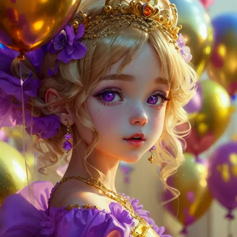 a close up of a  holding a gold balloon,  princess, , gold and purple, balloon, wearing romantic purple tutu, 🤬 🤮 💕 🎀, purple and gold color scheme, {{years old, purple themed, grace alexa, holding a balloon, linda princess, happy birthday, cutest, princes...