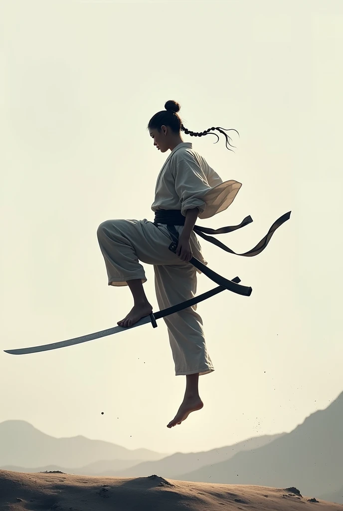 A martial artist flying with his foot on the sword  and with his hands behind his back