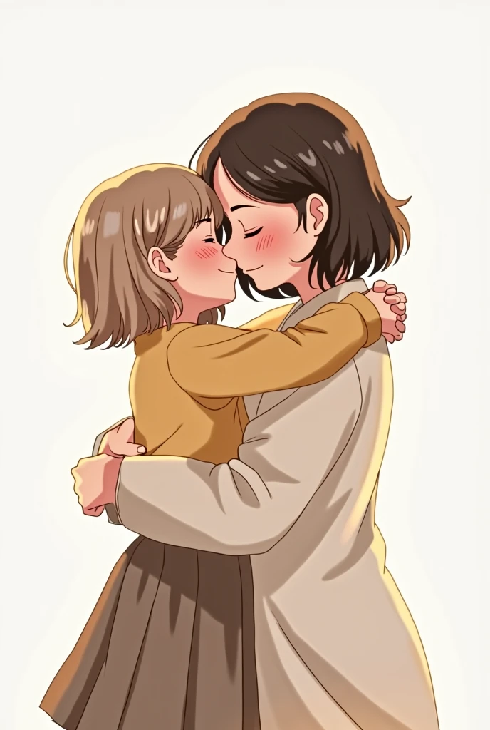 design, daughter and mother, king, light eyes, short hair, hugging mom, white background