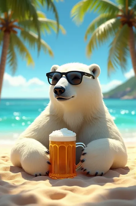 Polar bear with a mug of beer and on a beach wearing sunglasses 