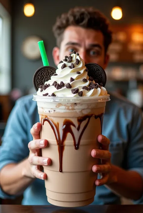 Frappuccino of 1,5 liters in a plastic cup , lines of liquid chocolate inside and Chantilly cream on top with liquid chocolate, 2 Oreo cookies and chocolate chips and it looks like a man has it and he is very excited , also that it has a green sucker 