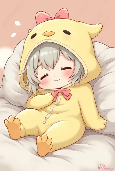 A fluffy haired  wearing a hooded chick pajama with a pink bow cartoon style sleeping 