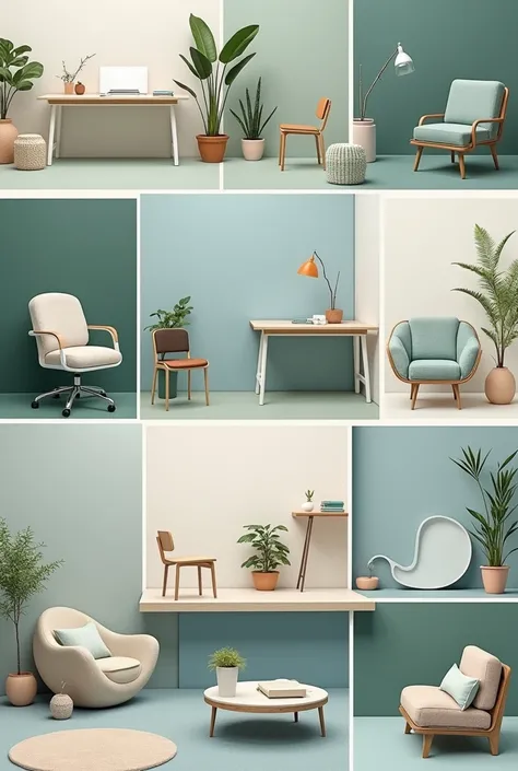 Mood Board

1. Images: Find pictures of comfortable chairs, desks, and tools that look easy to use.
2. Colors: Use soft colors like blue and green to show calmness. Add grey or white for clean look.
3. Textures and Materials: Show soft and smooth materials...