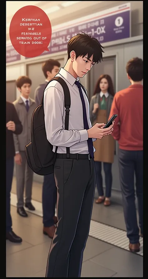 The image depicts a young man at a train station, holding a smartphone and looking at the screen. Hes dressed in a formal way, with a white shirt and a tie, besides dark pants. The character seems focused on his message, while around you there is a crowd o...