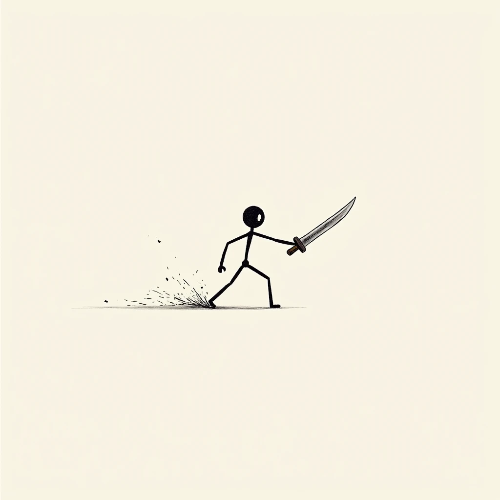 A stickman with his legs slightly spread apart, twisting his body to the right and swinging his sword back, ready to slash perpendicular to the ground.