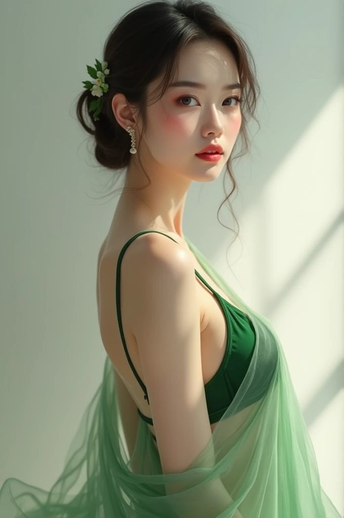 (best quality)), ((masterpiece)), (detailed), Beautiful Chinese woman, thin saree, green bra 