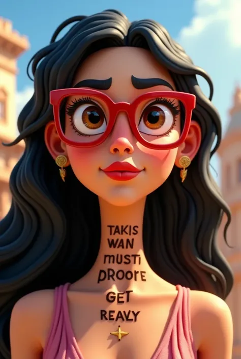 Create an image of the Greek Goddess Hera, white, with a rectangular face, brown eye, black hair, wearing red glasses in Disney pixar cartoon focusing on the face with the writings EXBE large on the neck