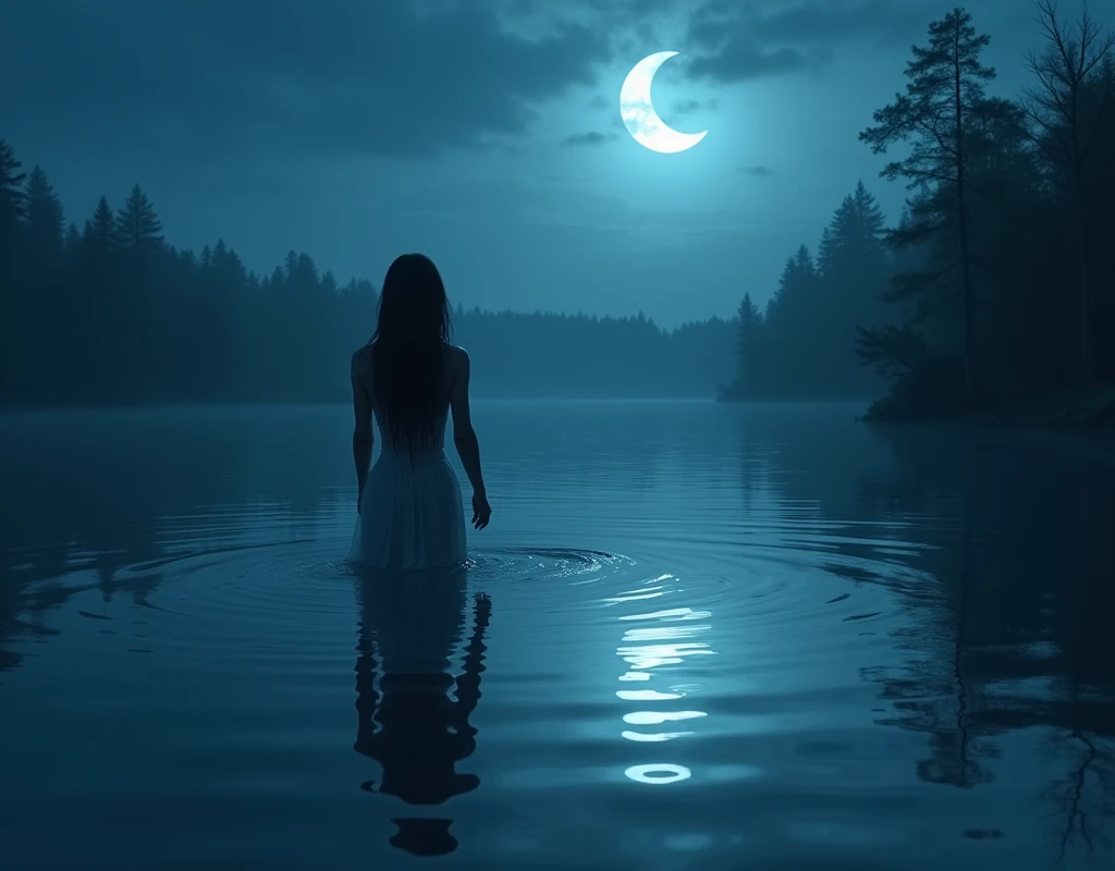 A serene lake bathed in moonlight, its surface reflecting the soft glow of a second crescent moon. The silhouette of a woman with long black hair slowly emerges from the water, your silhouette shimmering as the drops run down your body. The light plays del...