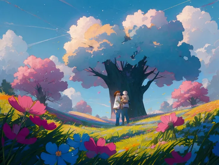 imagine prompt: Viral anime nature wallpaper in 4K quality, in the style of Pixar 3D inspired by Toy Story, showcasing a lush meadow filled with colorful wildflowers, a clear blue sky with fluffy clouds, and a single majestic tree standing in the middle; b...