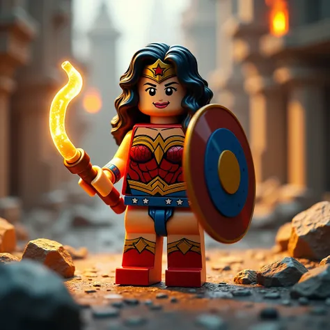 hero, Wonder Woman holding shield and glowing whip, LEGO art style, fantasy art style, Miniature Photography, Isometric Photography, emphasizing details, revealing beauty in small things, professional lighting, precise focusing, artistic expression, immers...